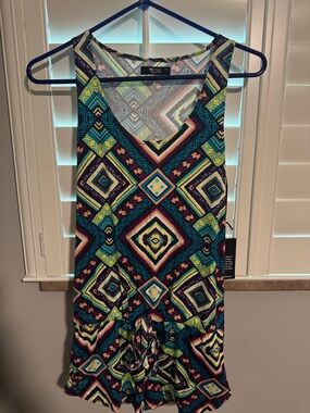 Michael Lauren Teal Navy Yellow Coral Geometric Romper